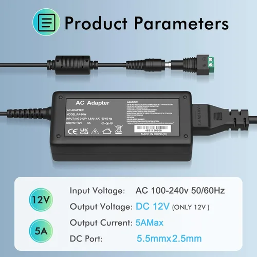 Miniatura 5 de Fuente de alimentación de 12 V 5 A, adaptador de fuente de alimentación Waysse, convertidor AC DC 100-220 V a transformador de 12 voltios 5