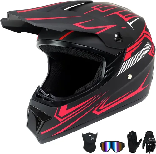 Miniatura 12 de Casco de motocross para niños jóvenes, casco de motocicleta todoterreno con (gafas, guantes, máscara), juego de 4 piezas, casco de cara completa