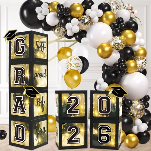 DAZONGE Decoraciones de graduación 2026 negro y dorado – Juego de 4 cajas de graduación con 139 piezas de guirnalda de arco de globos y 4 cuerdas de