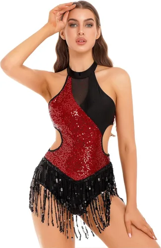 Xnihocha Body de lentejuelas brillantes con flecos, leotardo sexy con borlas, traje de baile de jazz, vestido de una pieza para actuación en escen