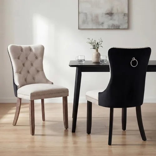 Miniatura 82 de OVENTA Juego de 4 sillas de comedor modernas tapizadas copetudas, terciopelo negro y gris y cuero con patas de madera maciza, sillas de cocina