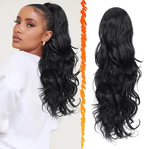Miniatura 34 de BARSDAR Extensión de cola de caballo rojo burdeos, extensiones de cabello ondulado con cordón de 16 pulgadas para mujer, extensiones de cabello