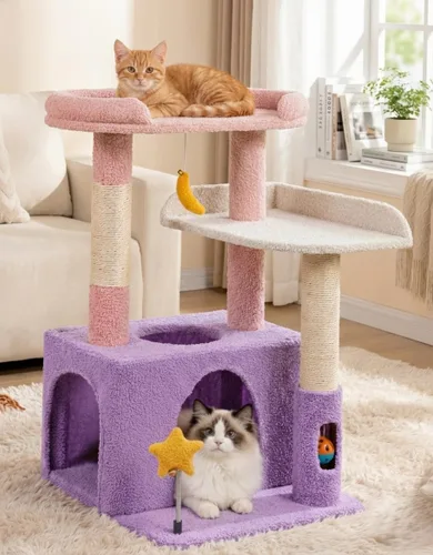 Miniatura 7 de Bonita torre para gatos de interior de 32 pulgadas con condominio para gatos, plataforma de felpa, hamaca, postes rascadores de sisal, bola
