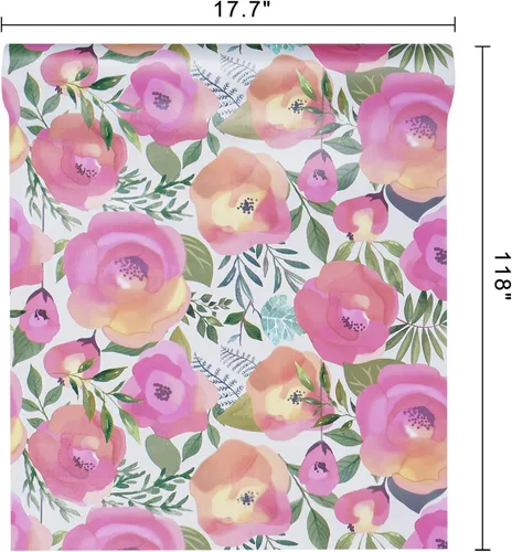 Miniatura 9 de WENMER Papel tapiz floral para despegar y pegar de 17.7 x 118 pulgadas, acuarela decorativa de flores rosas durazno, extraíble, para tocador