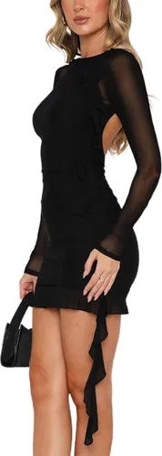 Miniatura 3 de HYPERFIRE Minivestido ajustado de malla con volantes y manga larga con cuello redondo y espalda abierta para mujer