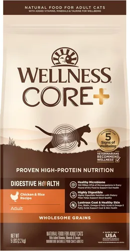 Wellness CORE+ - Alimento seco para gatos adultos para interiores y exteriores, granos integrales, natural, salud digestiva con pollo y arroz (bolsa
