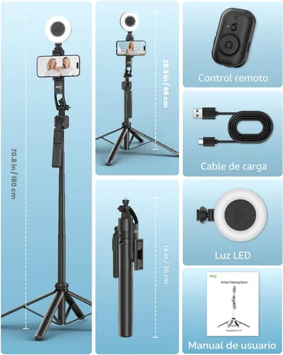 Miniatura 9 de Acer Gadget - Trípode de seguimiento facial automático para iPhone/teléfono celular/Android/cámara con luz y control remoto, 64 pulgadas, sin