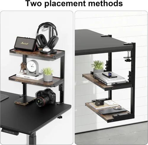 Miniatura 6 de Estante de escritorio de 2 niveles, almacenamiento expandible debajo del escritorio, estante de escritorio con abrazadera, accesorios de escritorio
