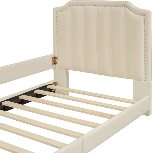 Miniatura 5 de Quarte Sofá cama tapizado de tamaño individual con cabecero clásico en forma de rayas, bonita cama de plataforma para niños y niñas