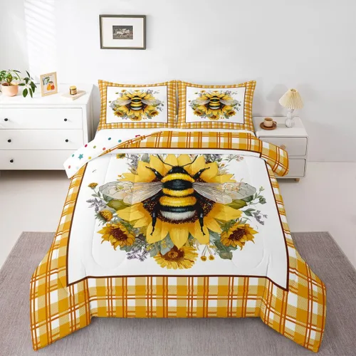 Miniatura 13 de Erosebridal Honey Bee - Juego de edredón tamaño individual, color negro y dorado, juego de edredón de animales lindos con diseño geométrico de panal