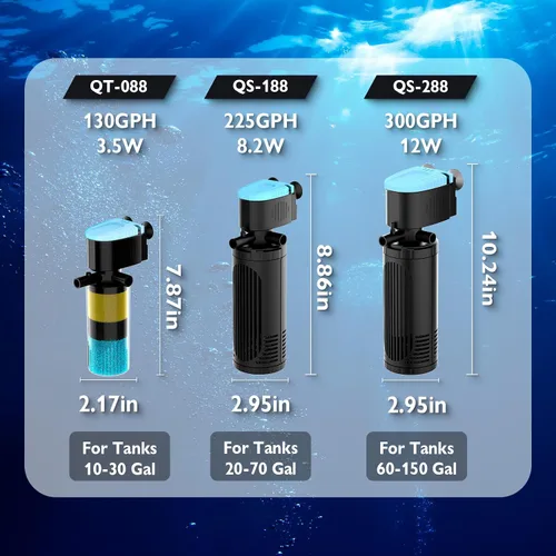 Miniatura 7 de AquaMiracle Filtro sumergible para acuario de 3 etapas en tanque con doble salida de agua y aireación, filtro interno de tanque de peces de 130 GPH