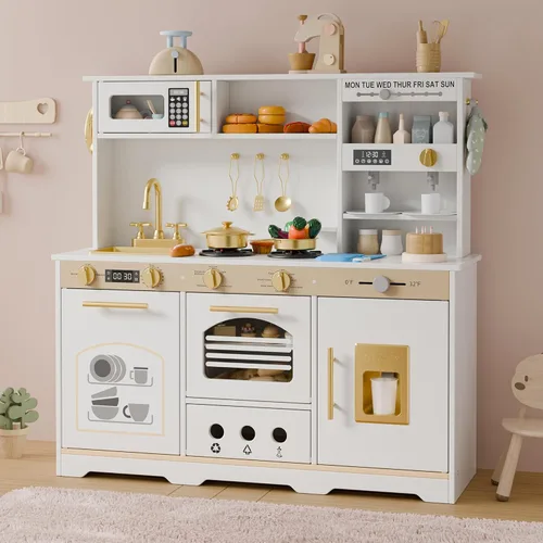 Miniatura 8 de Play Kitchen Set, Kids Kitchen Playset with 21 Fun Accessories, Toy Kitchen with Realistic Appliances, Smart Storage, Wooden Play Kitchen for Kids