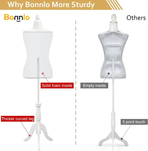 Miniatura 3 de Bonnlo Forma de Vestido Femenino Maniquí Torso Pinchable con Base de Trípode de Madera (Blanco, 14-16)