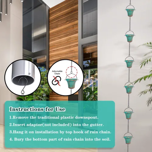 Miniatura 4 de Cadenas de lluvia de cobre de 11 pies para exterior, 12 tazas de cadena de recogedor de lluvia de repuesto para canalones, longitud ajustable Verde