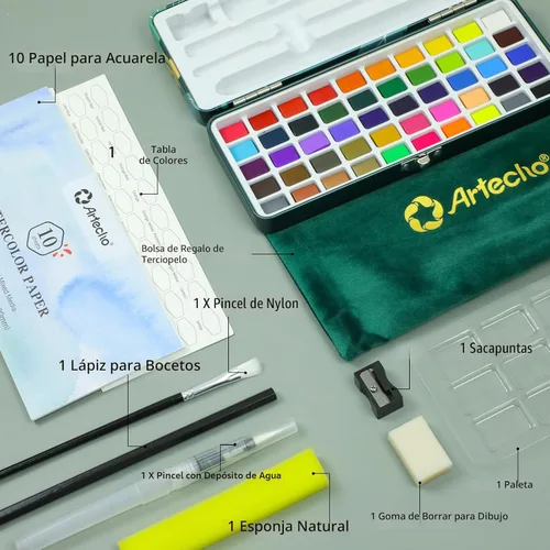 Miniatura 3 de Artecho Juego de pintura de acuarela de 50 colores, juego de acuarela de viaje con papeles de acuarela y pinceles, ideal para aficionados
