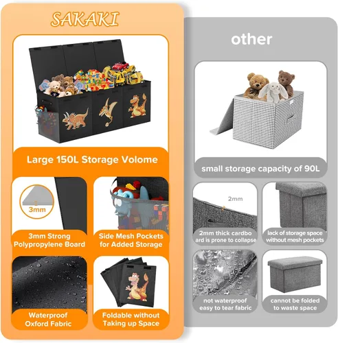 Miniatura 4 de Caja de juguetes extra grande, plegable, resistente, organizadora de juguetes, cestas de dinosaurios con tapas para niños y niñas, sala de estar