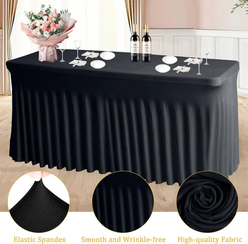 Miniatura 4 de JCJ Faldón de mesa para mesas rectangulares, manteles negros ajustados de spandex para mesas de 4 pies, faldones de mesa elásticos con volantes
