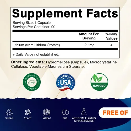 Miniatura 2 de Vitamatic Orotato de litio 20 mg, 90 cápsulas – Cápsulas Veggie Caps, sin OMG, sin gluten, paquete de 2