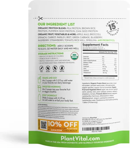 Miniatura 7 de Plantvital Proteína vegana orgánica sin sabor en polvo, 15 superalimentos, verduras y probióticos, proteína orgánica a base de plantas, todos