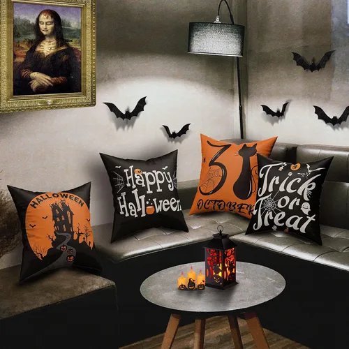 Miniatura 6 de Juego de 4 fundas de almohada de Halloween de 18 x 18 pulgadas, funda de almohada de lino suave con castillo de gato negro, decoración rústica