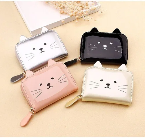 Miniatura 7 de JIUFENG Cartera para mujer con bloqueo RFID, bonito diseño de gato, con cremallera, multiusos, tarjetero pequeño