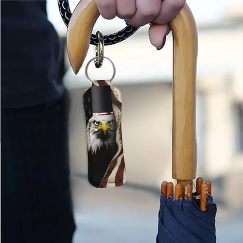 Miniatura 3 de Soporte para bálsamo labial con bandera americana, águila calva, llavero, soporte portátil para brillo de labios, organizador para rastreador