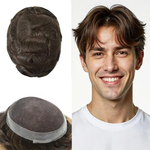 Miniatura 74 de Toupee para hombres Sistema de reemplazo de cabello humano real pieza de cabello humano para hombres encaje suizo para hombre Toupee Hair Pieces