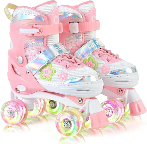 SULIFEEL Patines ajustables de ruedas para niñas de 5-8 6-12 años con lunares y lazo, ruedas iluminadas, 4 tamaños ajustables para patinaje