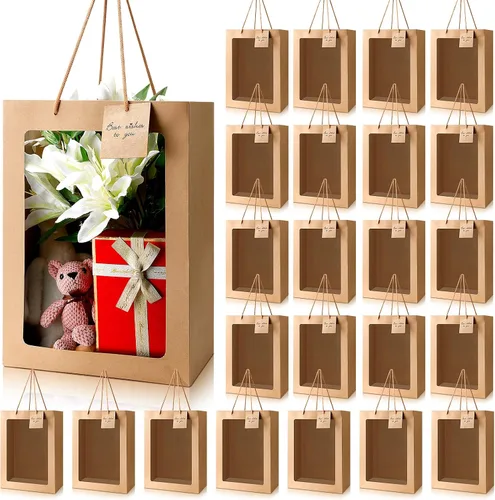 Miniatura 12 de Yahenda - 24 bolsas de regalo grandes con ventana transparente de 13.8 x 9.8 x 5.9 pulgadas, bolsas de papel transparente para ramo de flores