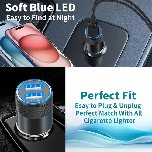 Miniatura 9 de Cargador rápido para automóvil con certificación MFi de Apple, paquete de 2 unidades de 4.8 A, cargador USB dual de 4.8 A, cargador Carplay USB