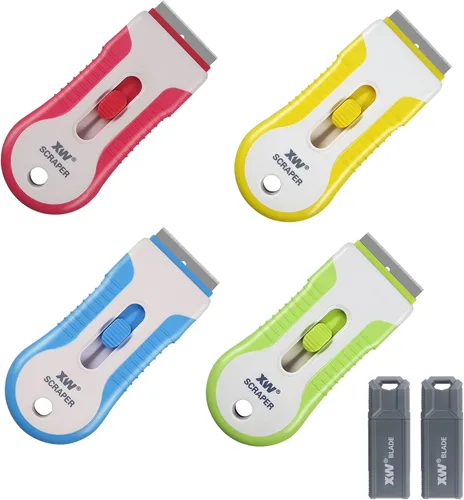 XW Juego de raspador de cuchillas de afeitar, espátula de pintura de varios colores, 44 cuchillas adicionales incluidas, paquete de 4