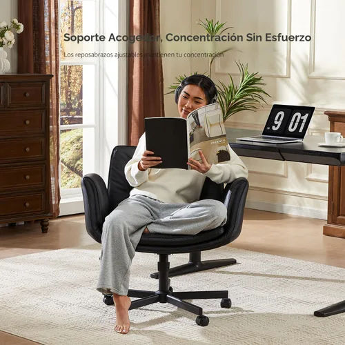 Miniatura 6 de amseatec Silla Criss Cross con reposabrazos y ruedas, silla de tocador de cuero PU, sillas de escritorio de oficina para computadora giratorias Negro