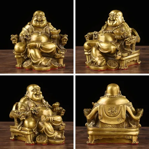 Miniatura 4 de Brass Statu BRABUD Feng Shui - Estatua de Buda sonriente hecha a mano sentado en la silla del emperador, escultura para el hogar