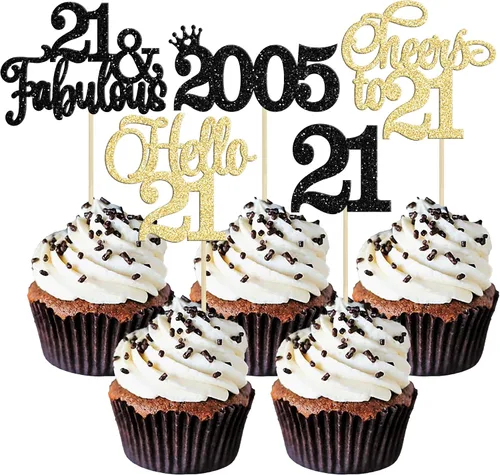 Miniatura 26 de Gyufise Paquete de 24 adornos negros para cupcakes de 10.º cumpleaños con purpurina negra 10 Ten Hello 10 Dights dobles desde 2015 para decoraciones