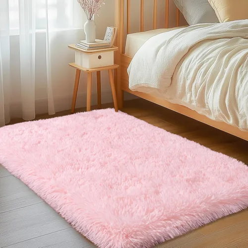 Alfombra pequeña rosa para dormitorio, alfombras de área esponjosas peludas de 2x3 pies para habitación de niñas y niños, alfombra suave