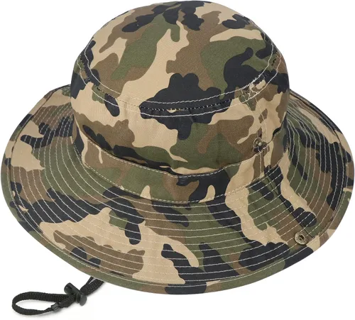Miniatura 7 de Sombrero de camuflaje para niños con protección UV Camo-Boonie con correa para la barbilla, sombrero de pescador para pesca al aire libre para 5-14