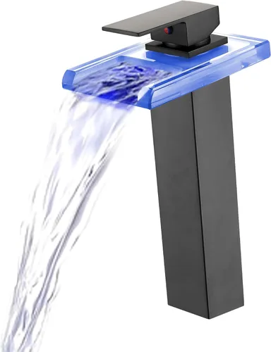 Miniatura 6 de Grifo LED para lavabo de baño de níquel cepillado, grifo de fregadero de recipiente alto, cascada de una sola manija, 1 agujero y 2 líneas de Mate