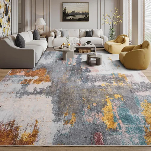 Miniatura 25 de Kelarea Alfombra lavable para sala de estar, 5 x 7 antideslizante, alfombras modernas abstractas color beige, alfombra de pelo bajo fácil