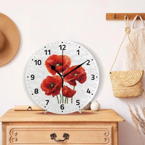 Miniatura 2 de Reloj de pared con diseño de flores de amapola roja, funciona con pilas, silencioso, sin tictac, de cuarzo, silencioso, para dormitorios, cocina