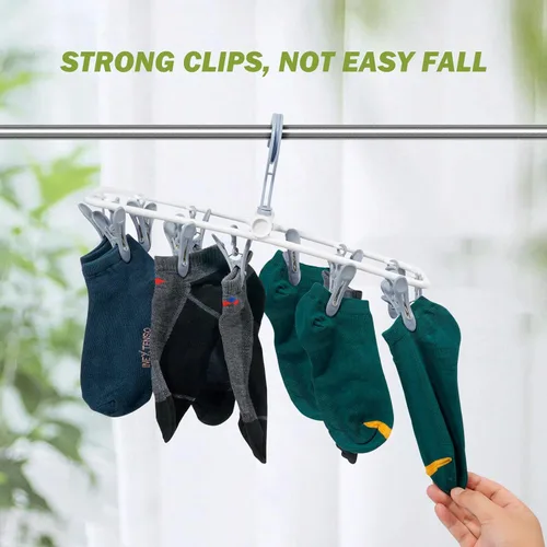 Miniatura 4 de Percha de secado de ropa con 12 clips, paquete de 2 estantes de secado plegables portátiles para colgar, estante plegable de goteo, gancho giratorio