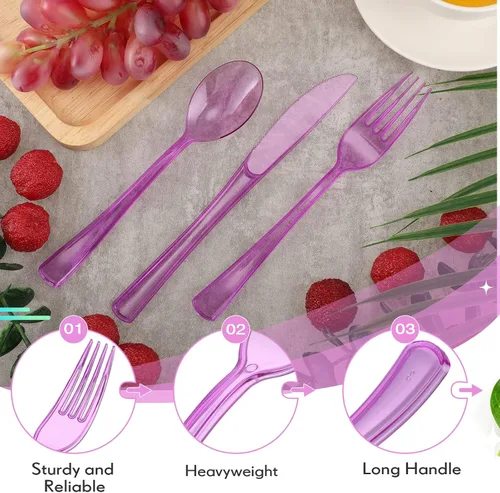 Miniatura 3 de Minatee Juego de 150 piezas de cubiertos desechables de plástico, cubiertos de plata resistentes, juego de utensilios 50 tenedores, 50 cuchillos, 50