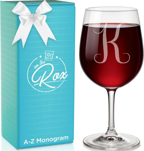 Regalos de vino con monograma A-Z para mujer, copa de vino personalizada grabada de 12.75 onzas, regalos divertidos con monograma para amantes del