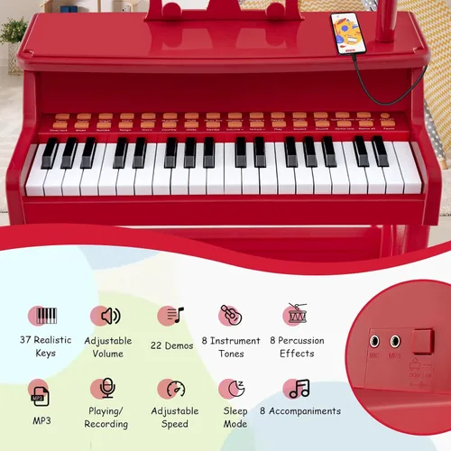 Miniatura 4 de HONEY JOY Piano para niños, piano de teclado rojo de 37 teclas para niños con soporte de música y banco, regalo para bebés con micrófono