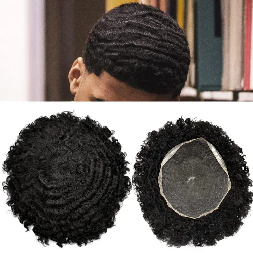 Miniatura 36 de Pelucas afro rizadas para hombre, con encaje francés, de 10 x 8 pulgadas, completamente transparente, de repuesto, sistema de cabello humano rizado
