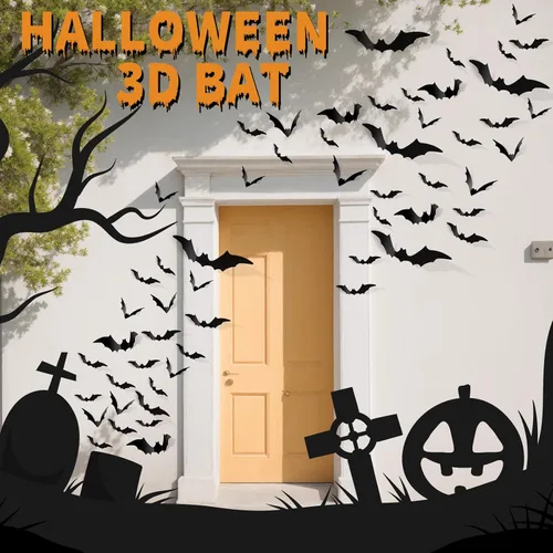 Miniatura 5 de FANDAMEI 140 piezas de murciélagos para decoración de Halloween, 5 tamaños de murciélagos, decoración de pared de murciélagos 3D para decoración