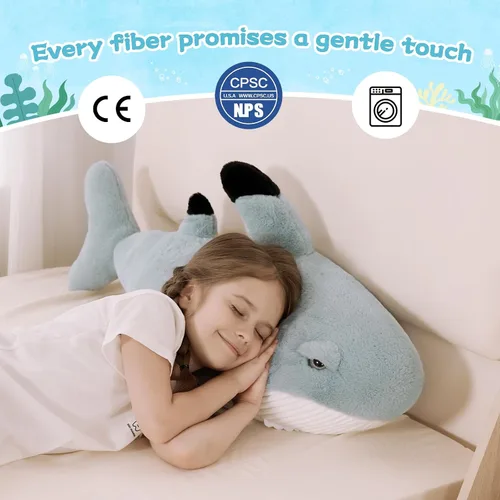 Miniatura 3 de Tezituor Animales de peluche de gran tiburón blanco de 32 pulgadas, almohada grande de peluche de tiburón de 2.6 pies para niñas y niños, juguete