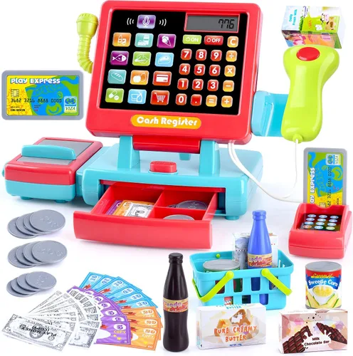 Miniatura 9 de PLAY Caja registradora de juguete para niños - Juguetes de simulación de calculadora con micrófono/transportadores/dinero de juguete/escaner/tarjeta