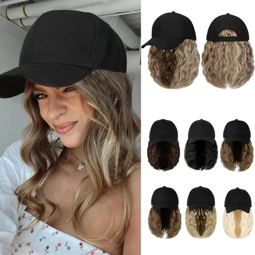 Miniatura 15 de Peluca de gorra de béisbol para mujer, gorra de béisbol con extensiones de cabello, gorra ajustable adjunta de 15 pulgadas, peluca sintética corta