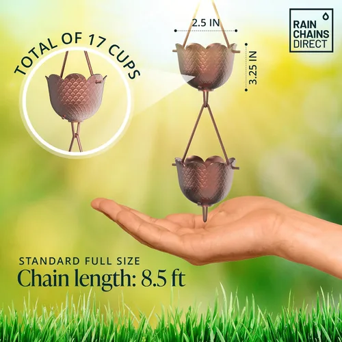 Miniatura 3 de Rain Chains Direct - Cadena de lluvia de tulipán - 8.5 pies - Aluminio recubierto de polvo negro - Cadenas de lluvia premium para canalones