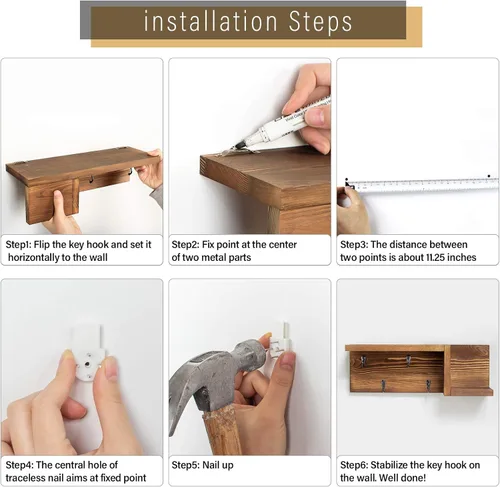 Miniatura 8 de AKKO Soporte de madera para llaves decorativo de pared, organizador de correo y llaves con 4 ganchos para llaves y estante flotante en forma de "Z